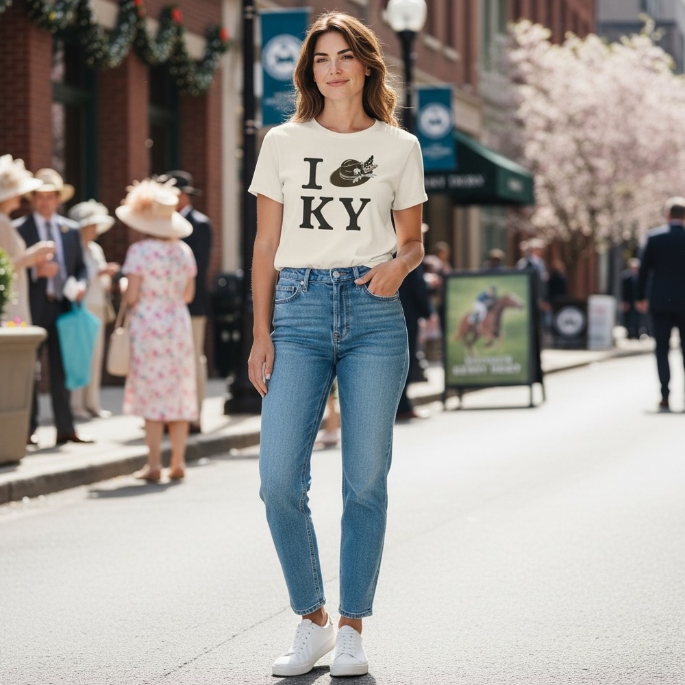 NEW blue b Beige & Brown I Love Kentucky Derby Hat Graphic Print Tee T-shirt